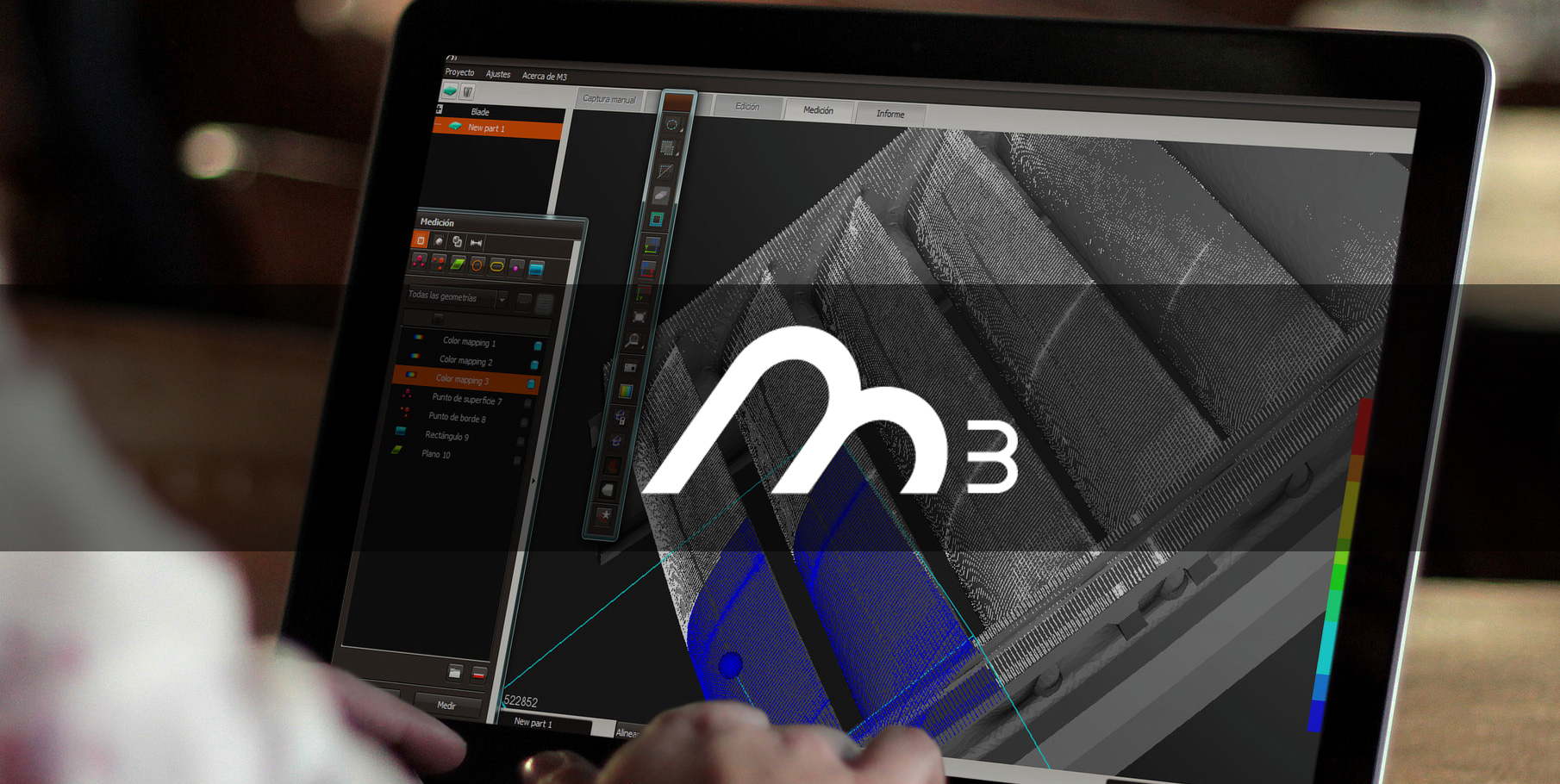 M3 software on a tablet showing a point cloud of a scanned part